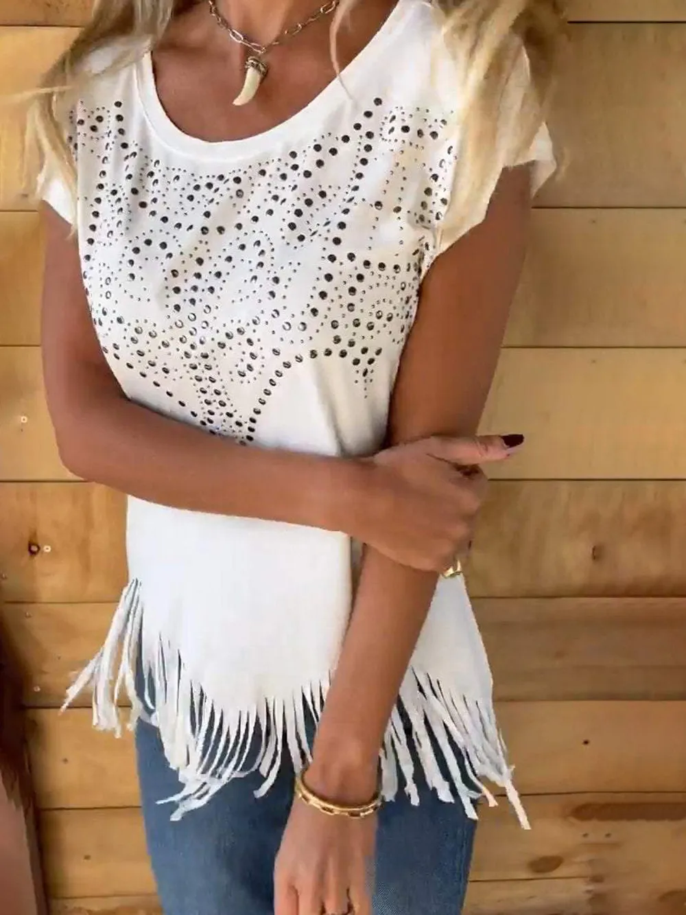 Studded Fringe Round Neck Cap Sleeve T-Shirt, image 7