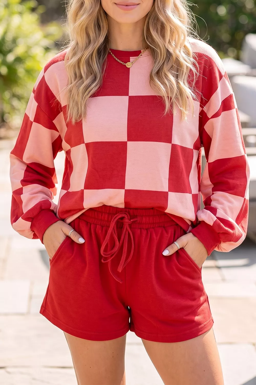 Checkerboard Top and Drawstring Shorts Cozy Set