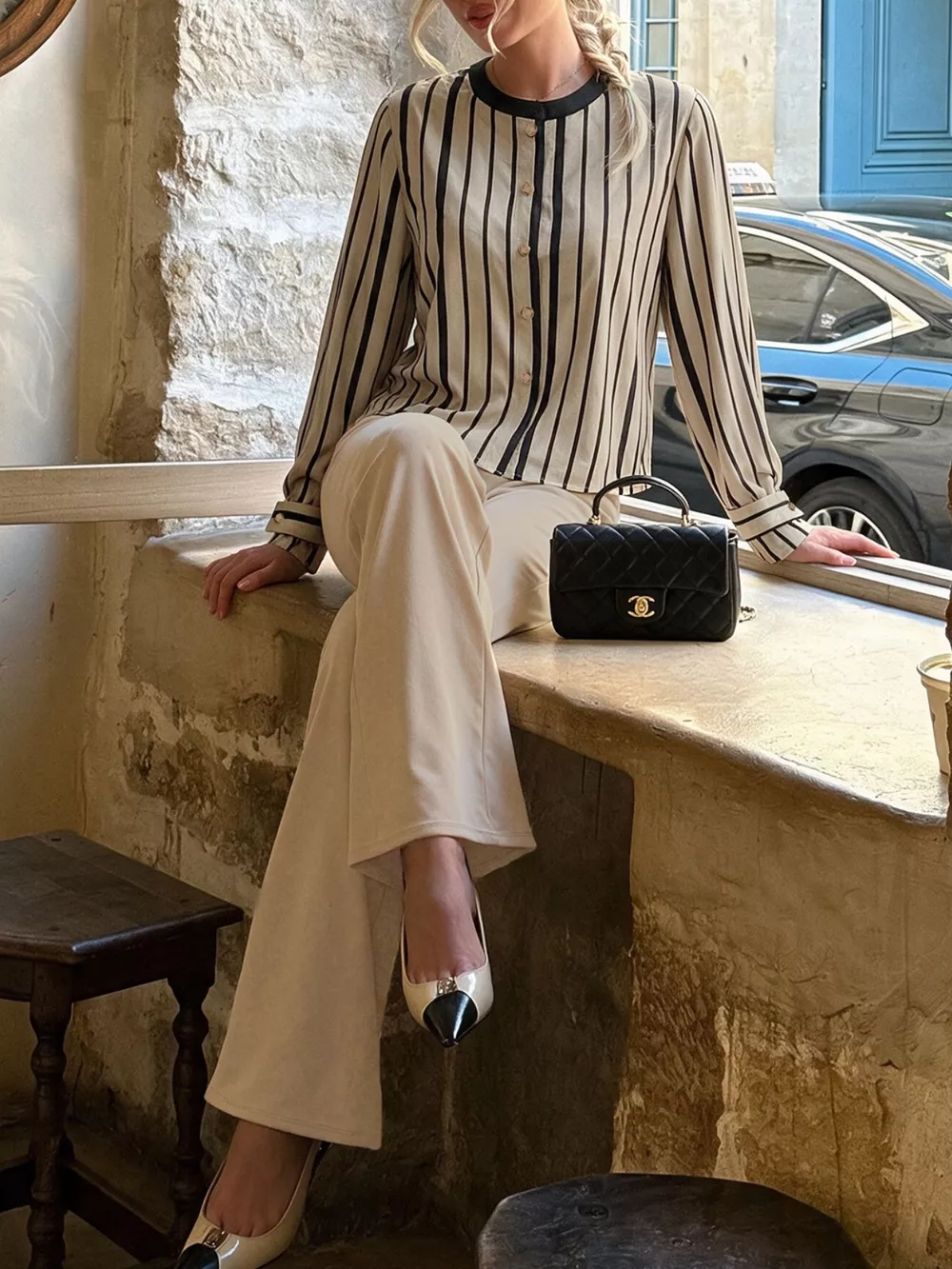 Striped Button-Down Shirt and High-Waisted Flare Pants Set, image 3