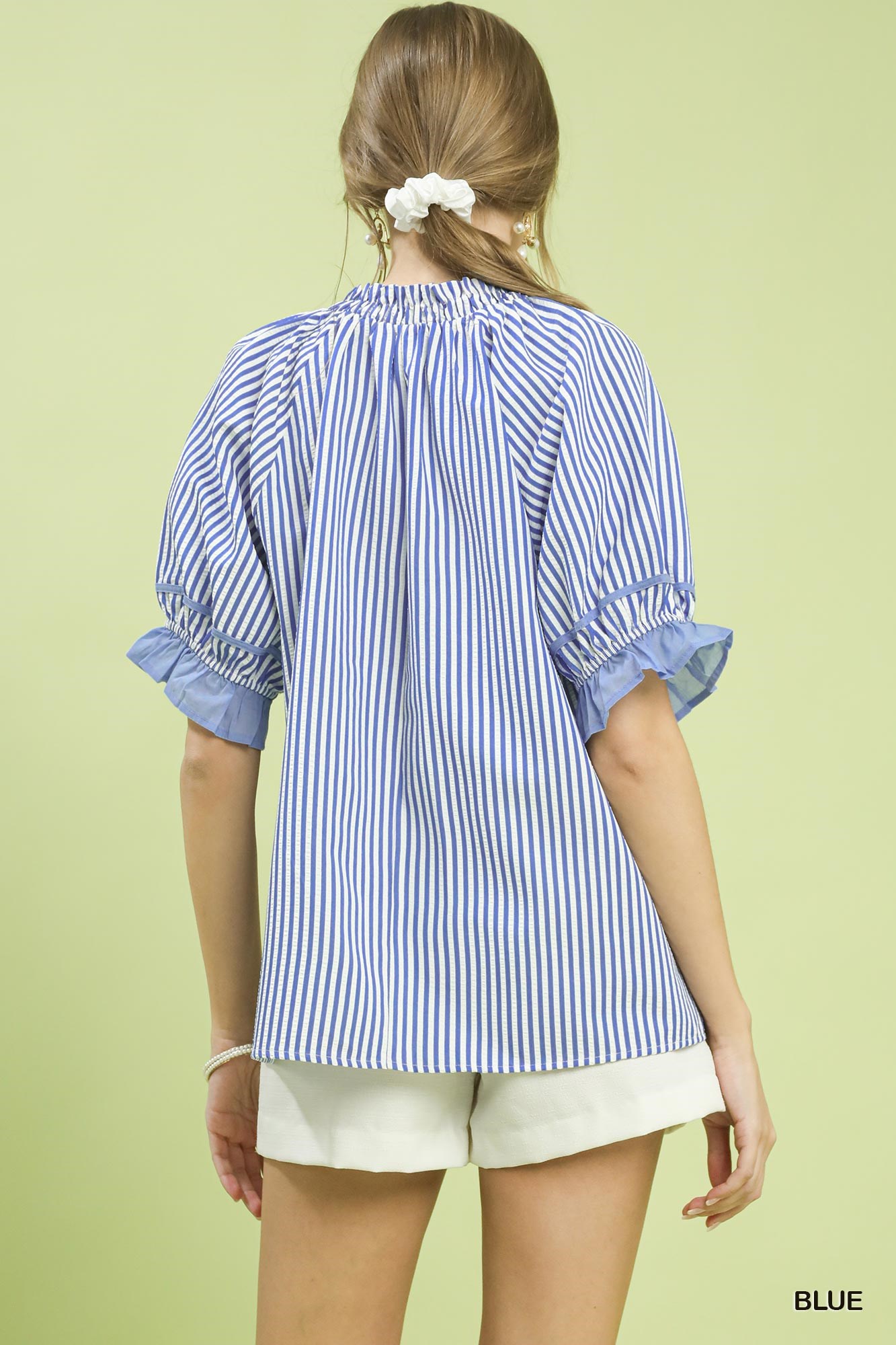 Stripe Ruffle Sleeve Split-Neck Blouse, image 4