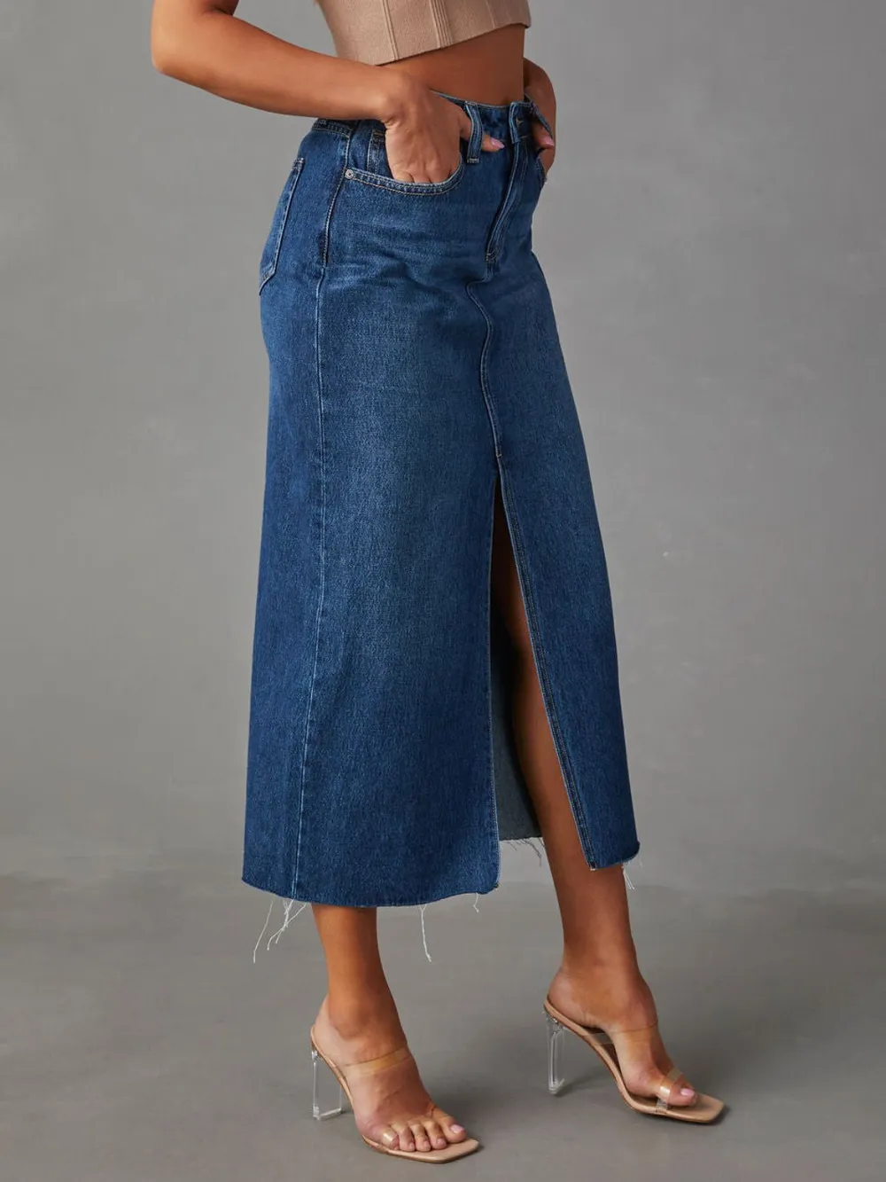 Raw Hem Front Slit Denim Midi Skirt, image 6