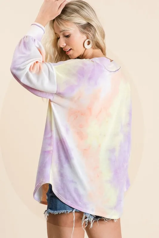 Tie Dye French Terry V-Neck Top with Puff Sleeves, image 4