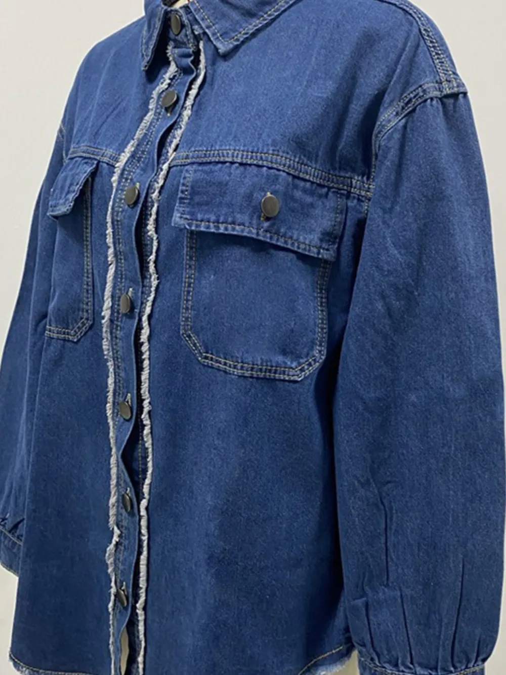 Pocketed Collared Neck Long Sleeve Denim Shirt, image 4