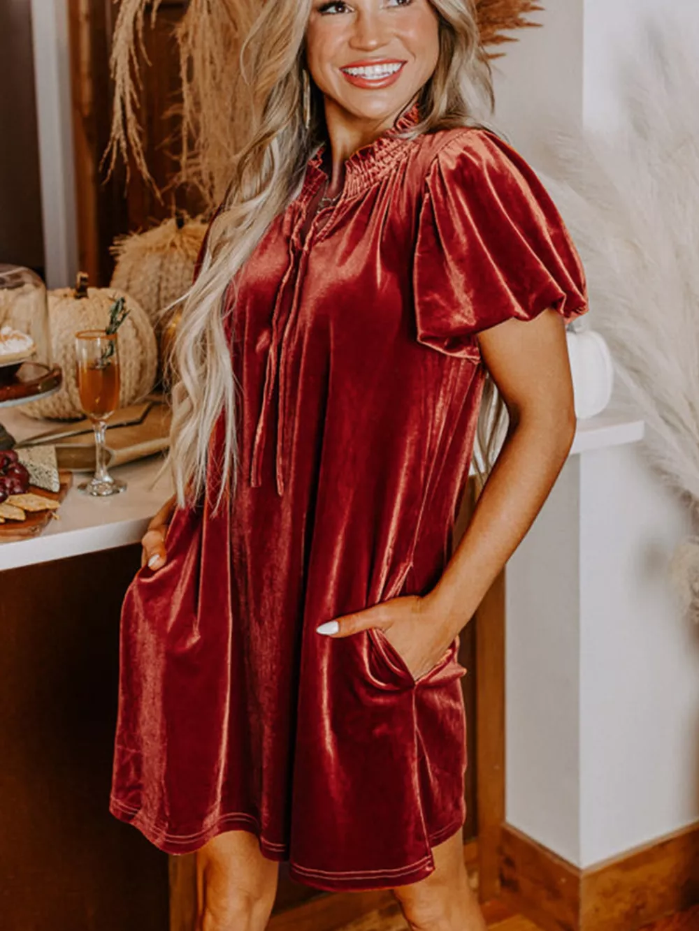 Tie Neck Puff Sleeve Velvet Dress, image 8