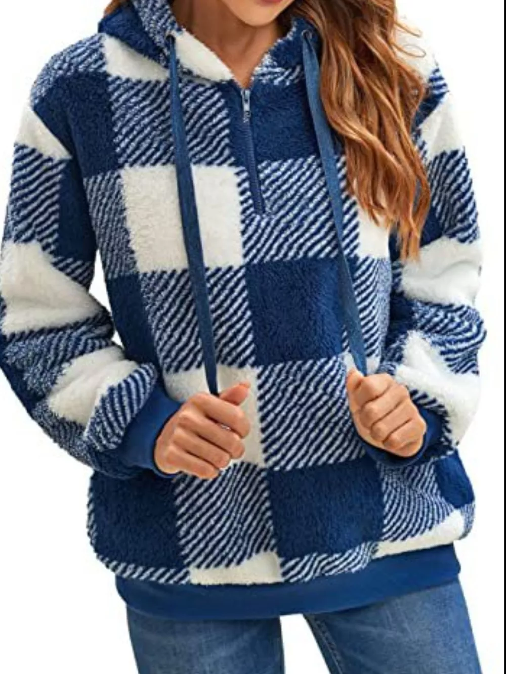 Full Size Plaid Sherpa Drawstring Hoodie Plus Size, image 3