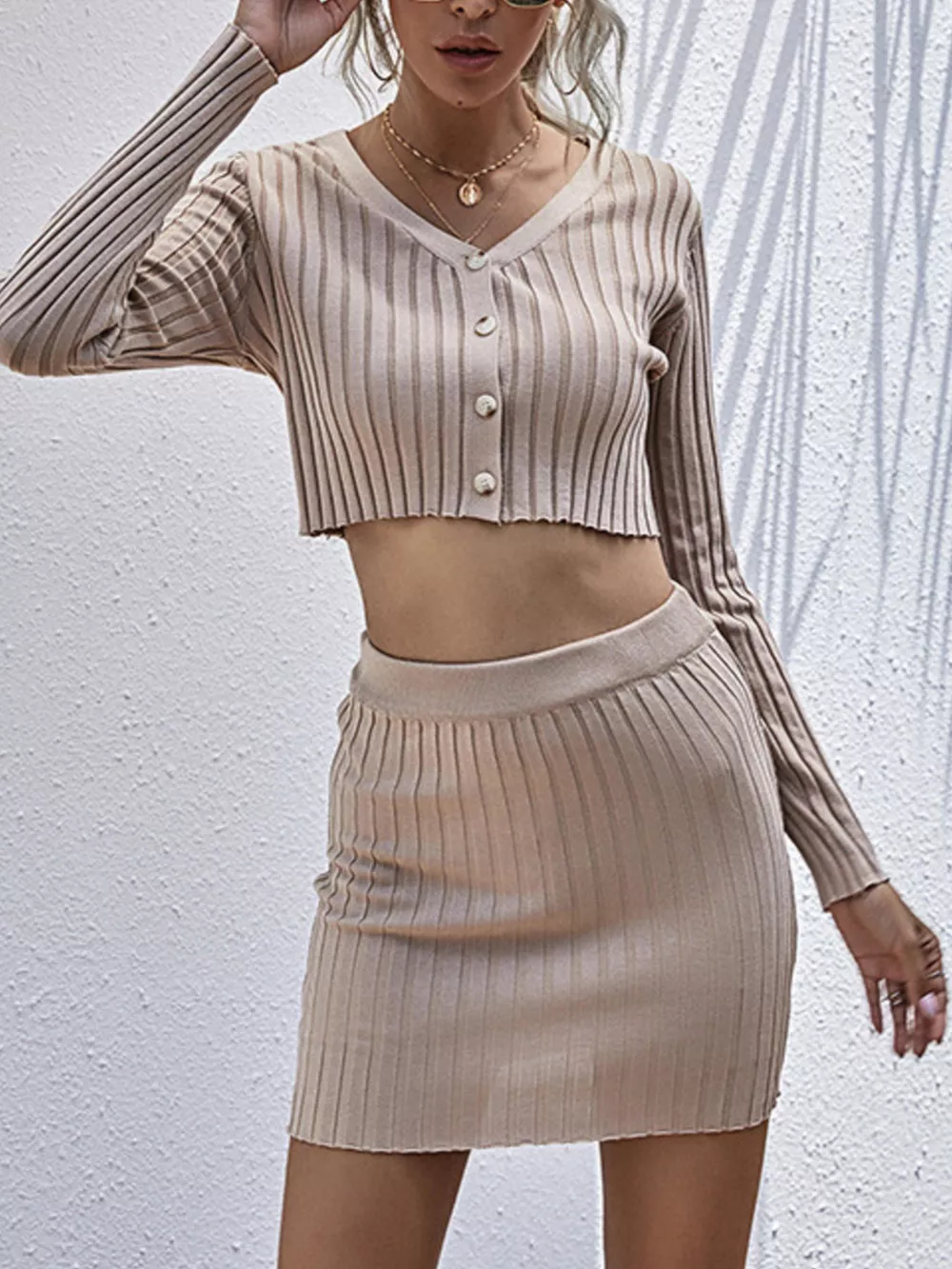Ribbed Knit Cardigan & Mini Skirt Set
