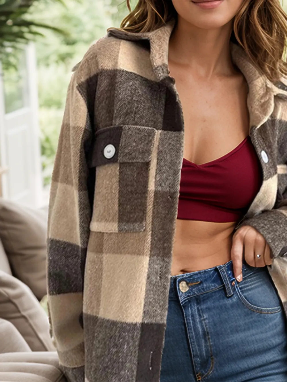Plaid Button Up Long Sleeve Shacket, image 5