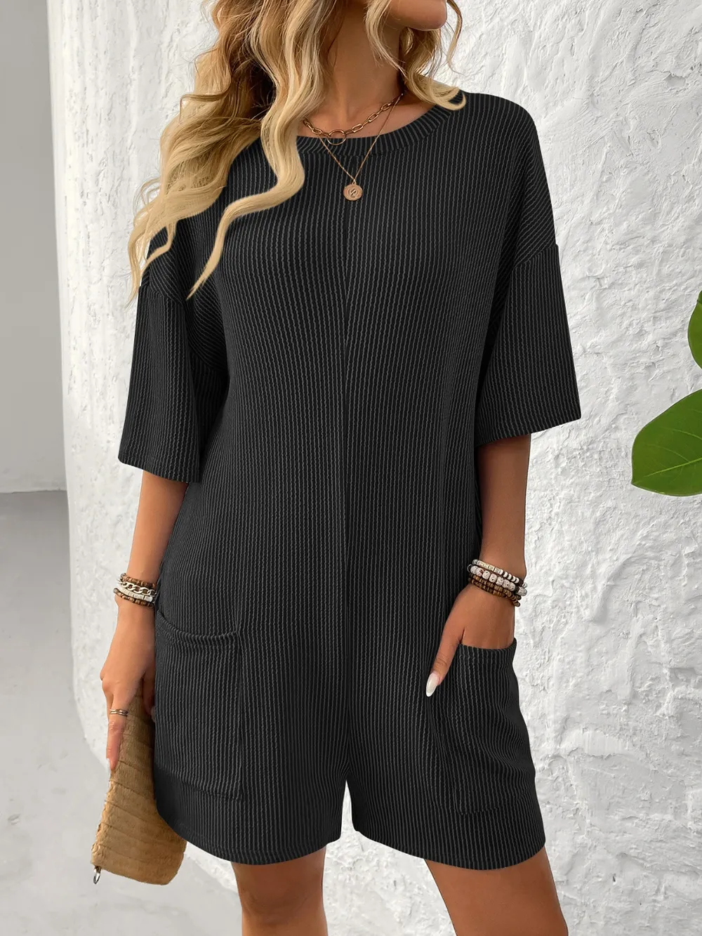Backless Textured Round Neck Half Sleeve Romper, image 2