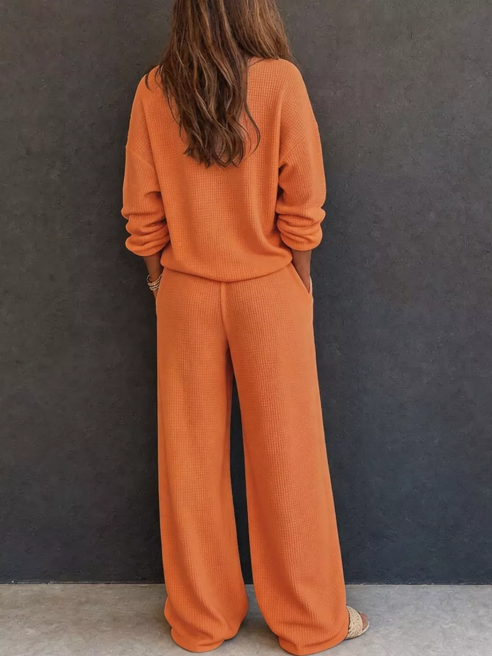 Waffle Knit Henley Top and Wide Leg Pants Set, image 18