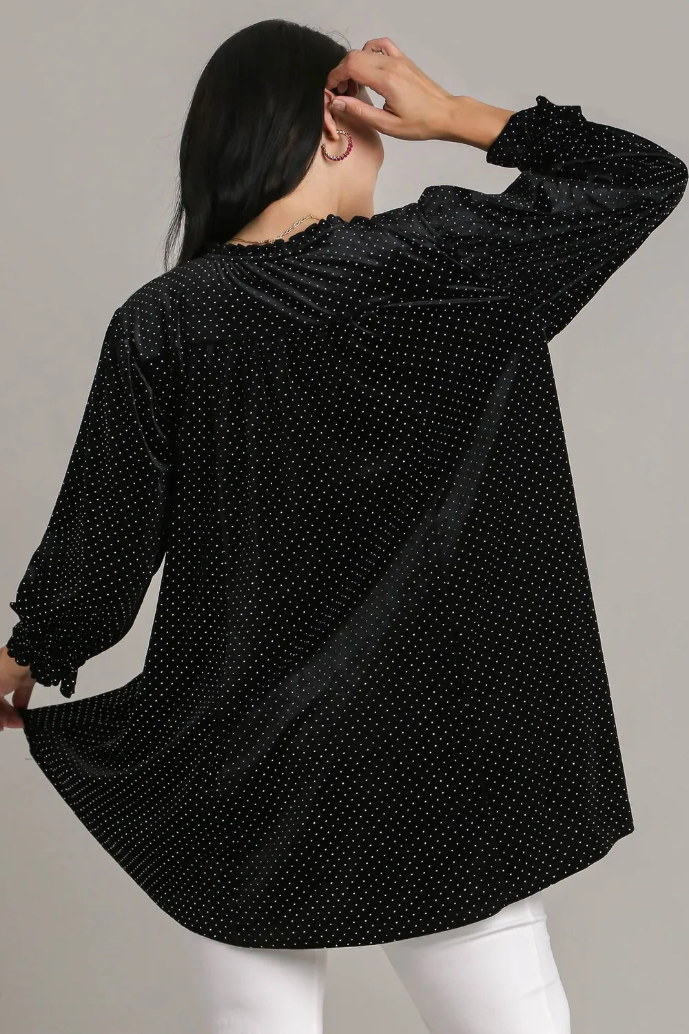 Full Size Beaded Frill Flounce Sleeve Velvet Babydoll Blouse, image 5
