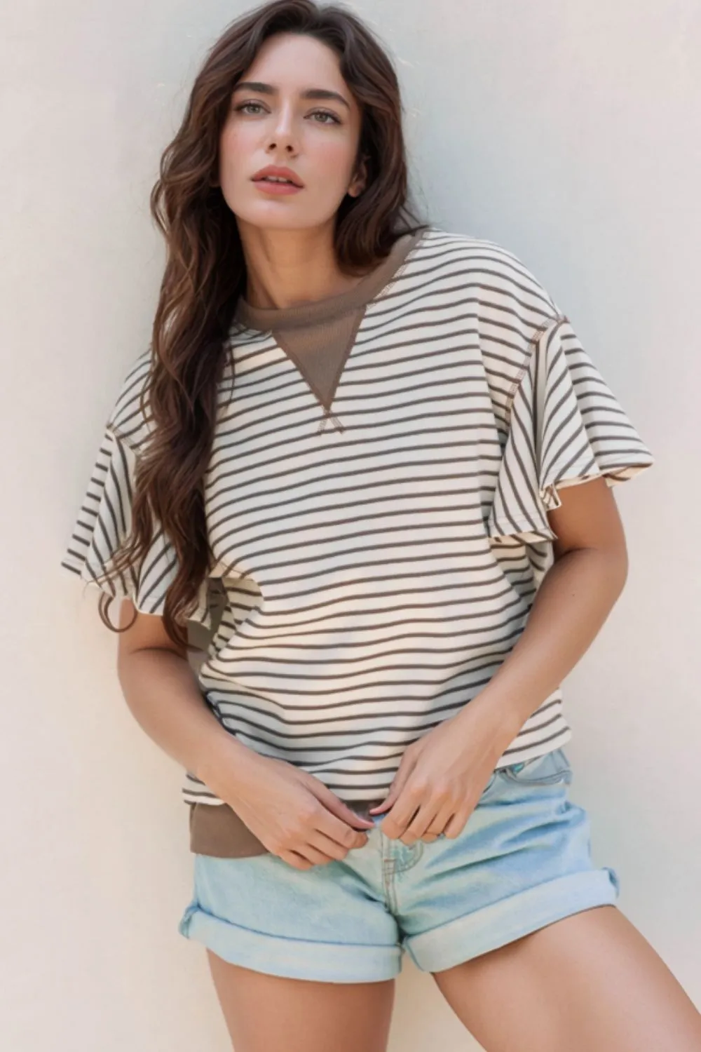 Contrast Striped Ruffle Short Sleeve Top, image 7