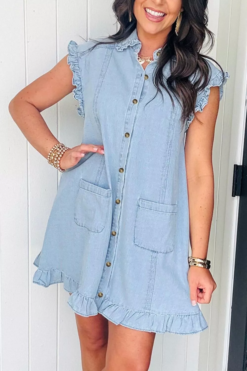 Ruffled Edge Collared Shift Denim Dress with Pockets, image 4