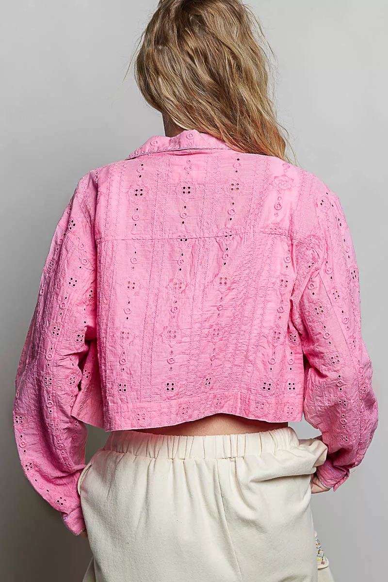 POL Eyelet Textured Cotton Cropped Button-Front Jacket, image 3