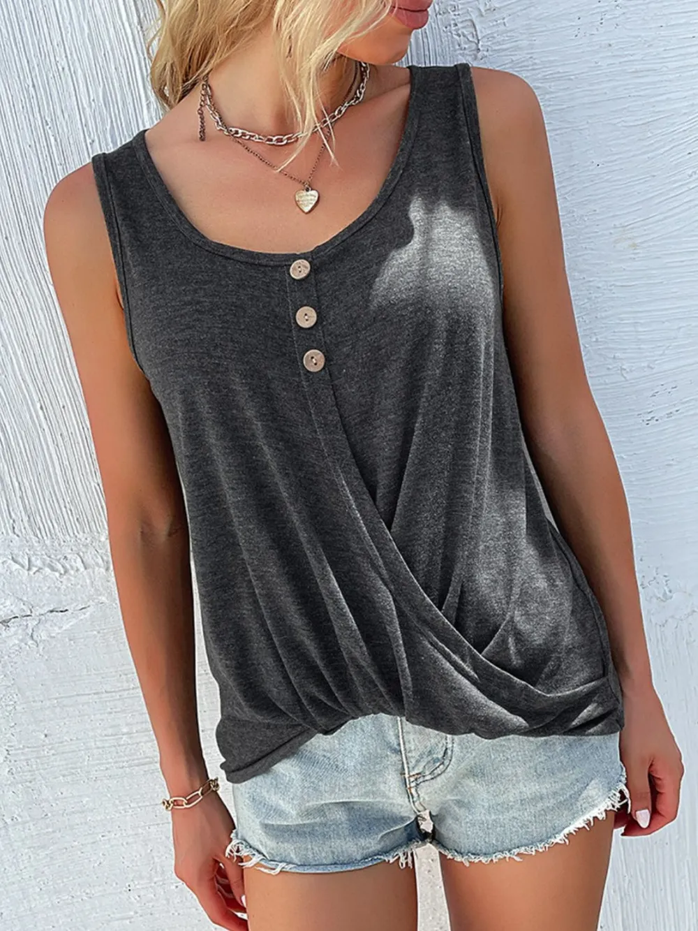 Full Size Decorative Button Round Neck Tank Plus Size, image 3