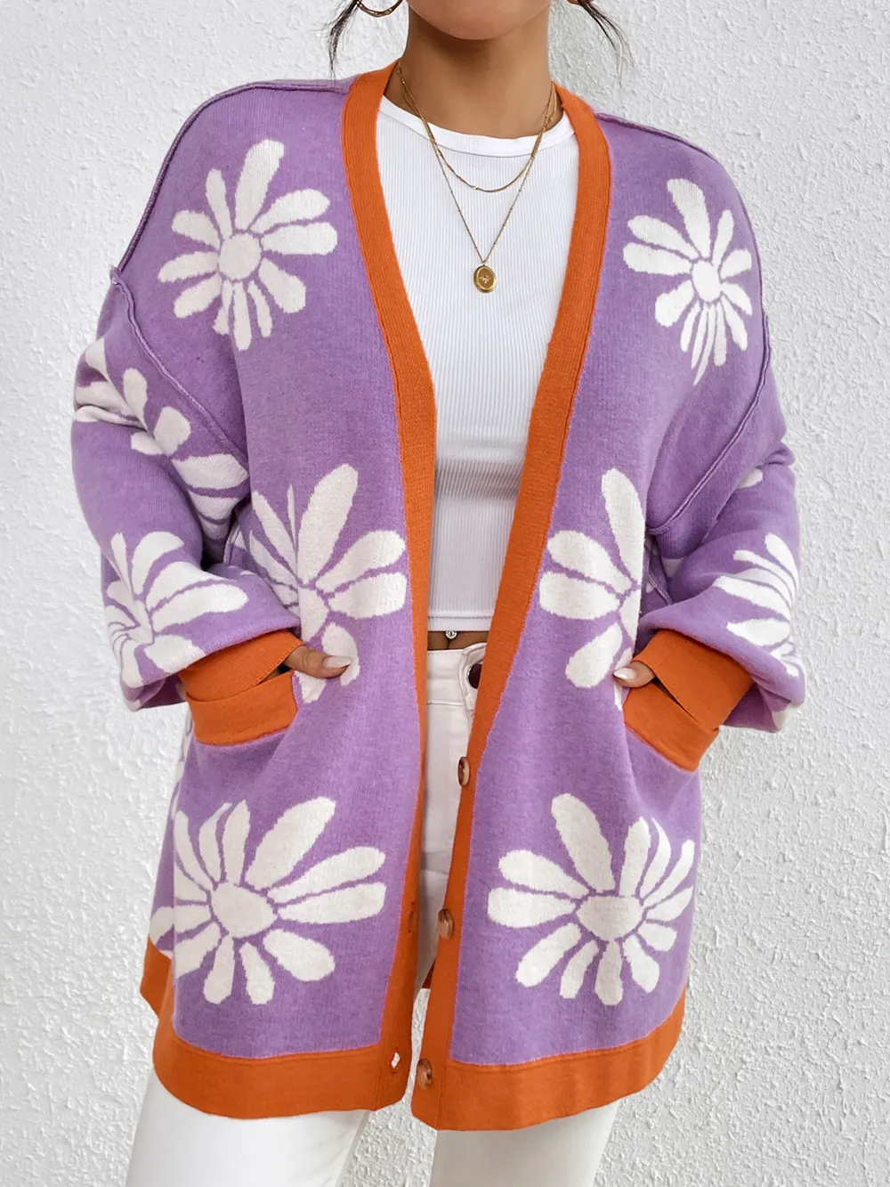 Contrast Dropped Shoulder Long Sleeve Cardigan, image 7