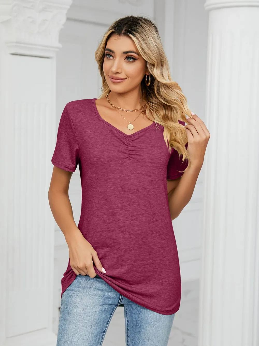 Ruched V-Neck Short Sleeve T-Shirt, image 13