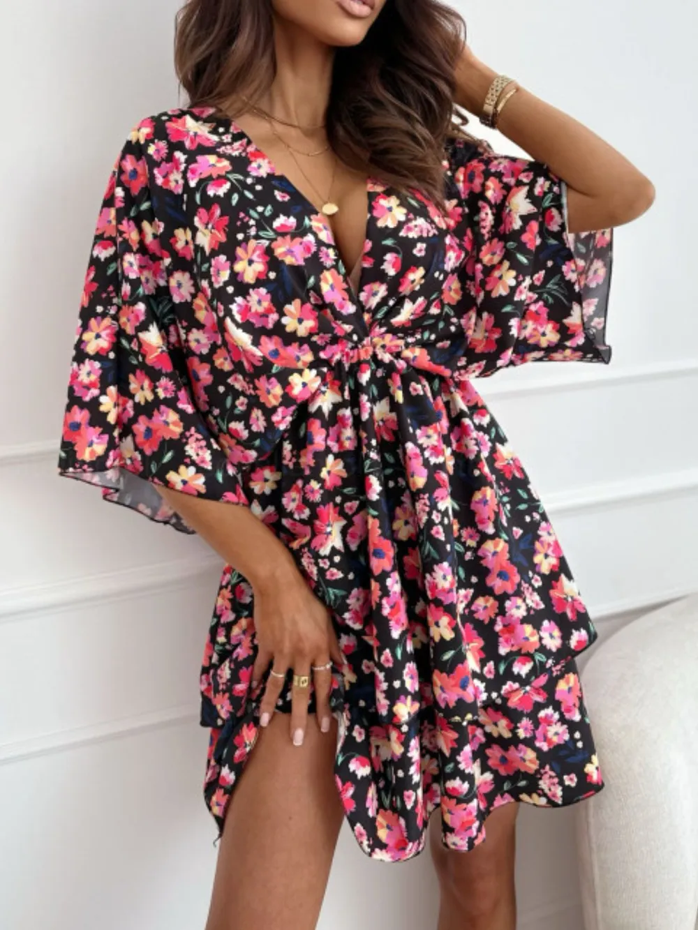 Floral Print V-Neck Ruffle Mini Dress, image 4