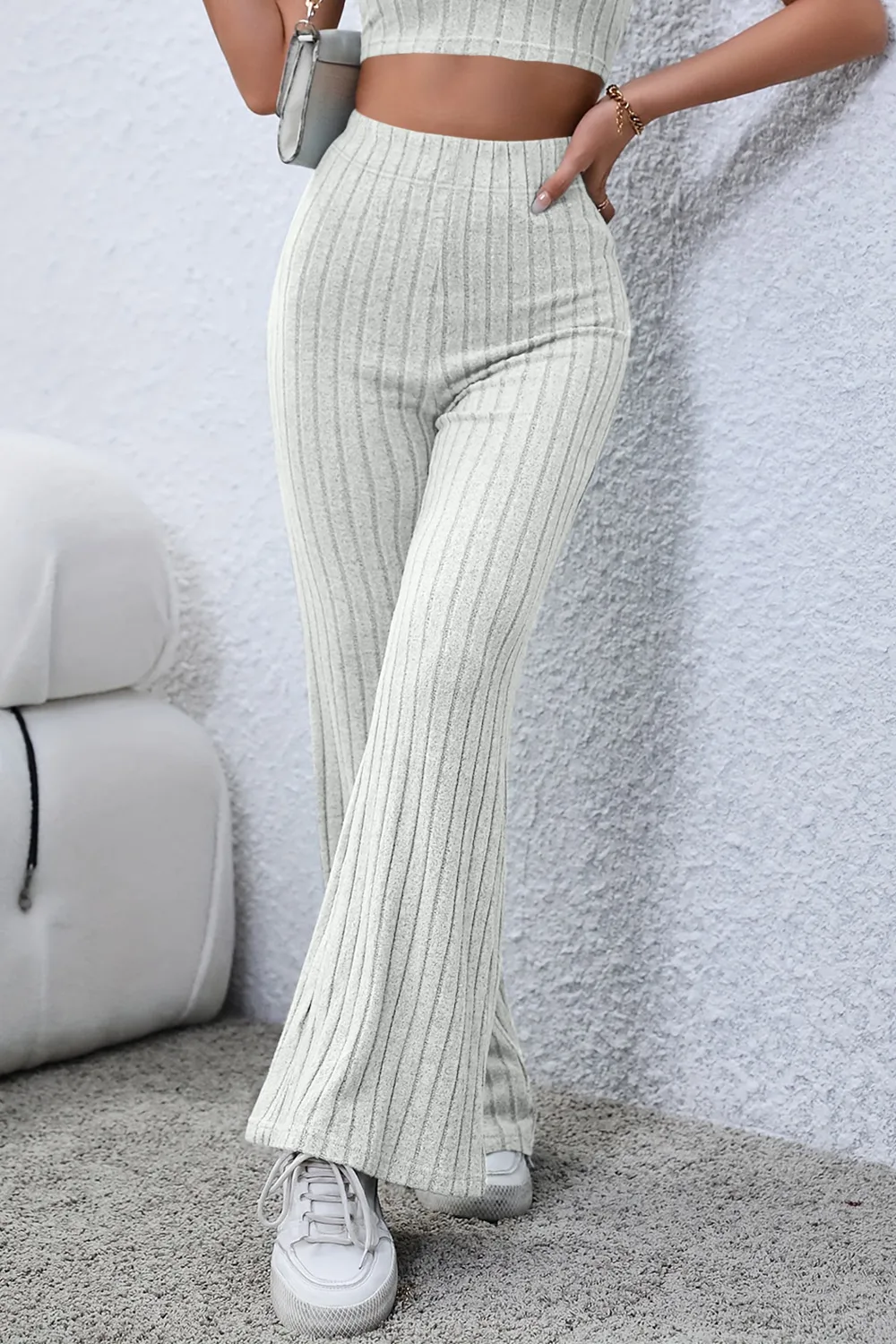 Full Size Ribbed High Waist Flare Pants, image 17