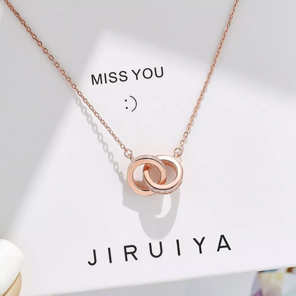 925 Sterling Silver Double Circle Pendant Necklace, image 2