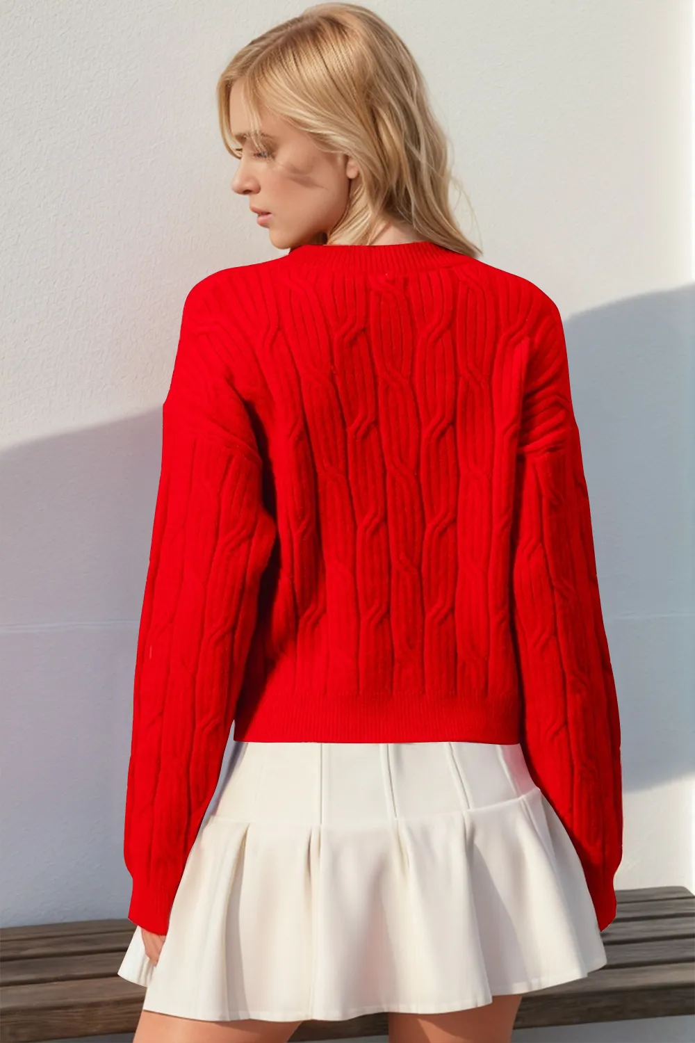 Full Size Bow Cable-Knit Round Neck Sweater, image 6