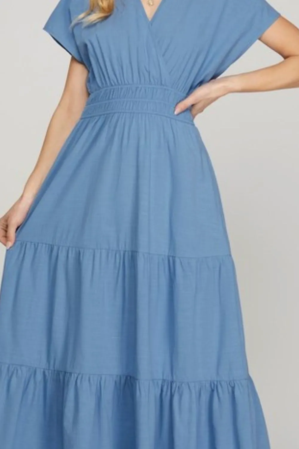 Surplice Short Sleeve Tiered Maxi Dress With Pockets, image 3