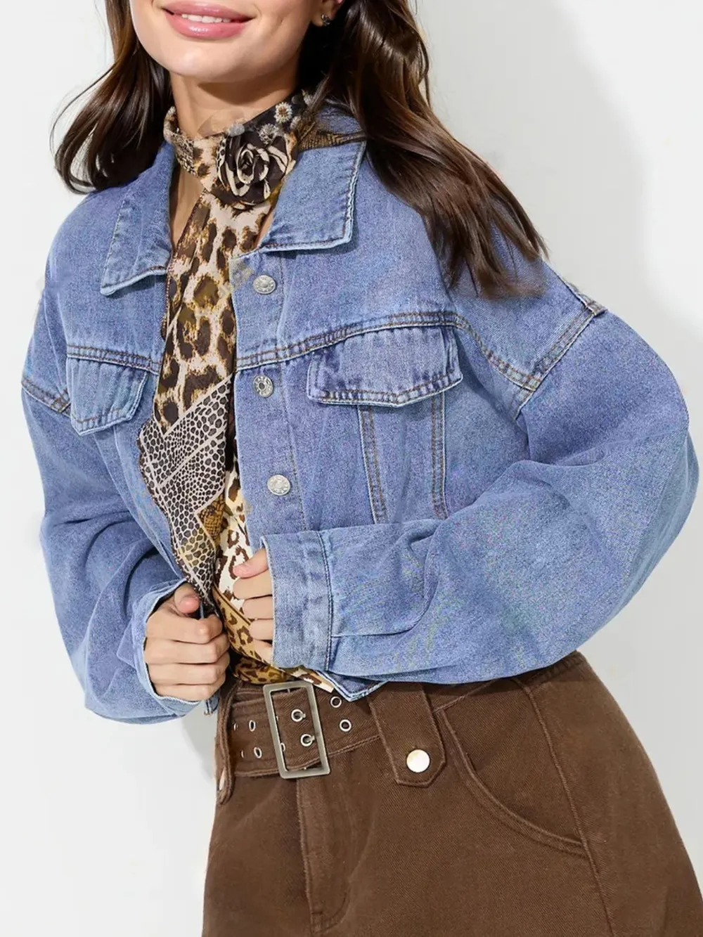 Collared Neck Dropped Shoulder Cropped Denim Top, image 3