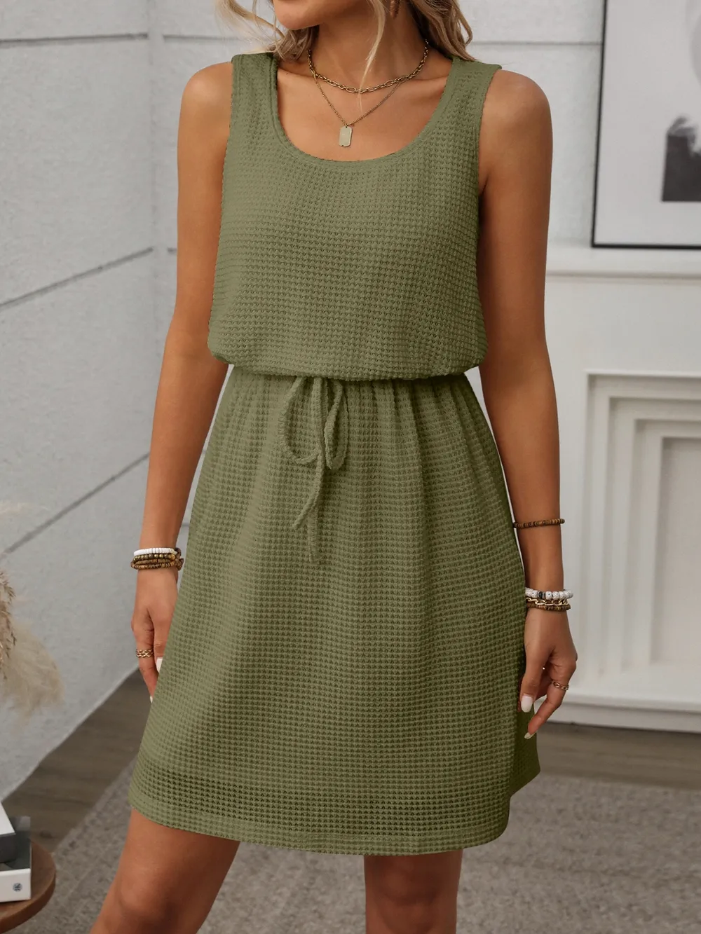 Waffle-Knit Drawstring Mini Tank Dress, image 11