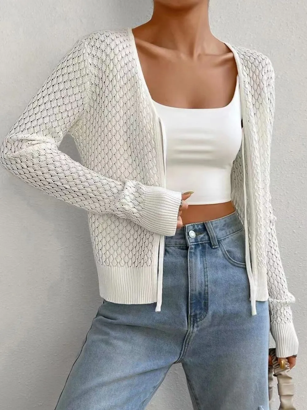Tied Openwork V-Neck Long Sleeve Cardigan, image 4