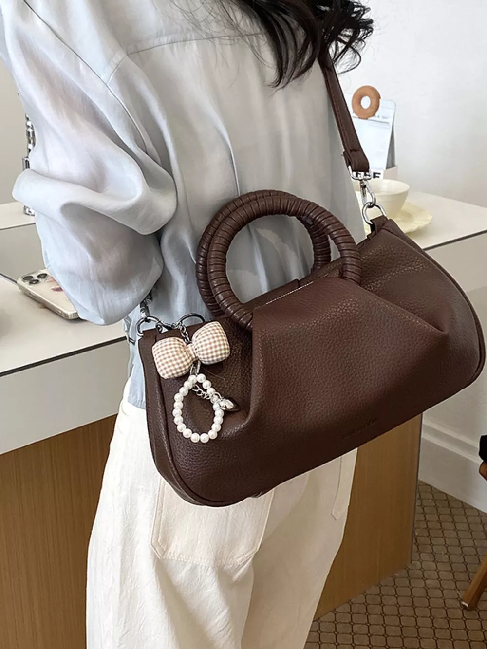 Top Handle Crossbody Bag with Pearl Bow Charm, image 3