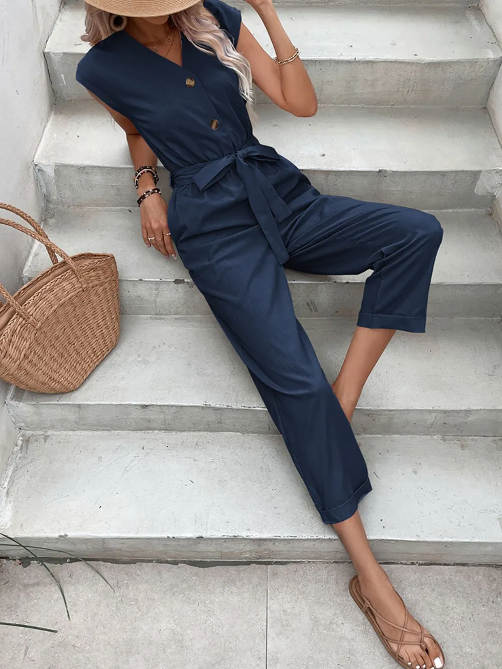 Button-Front Tie Waist Jumpsuit, image 6