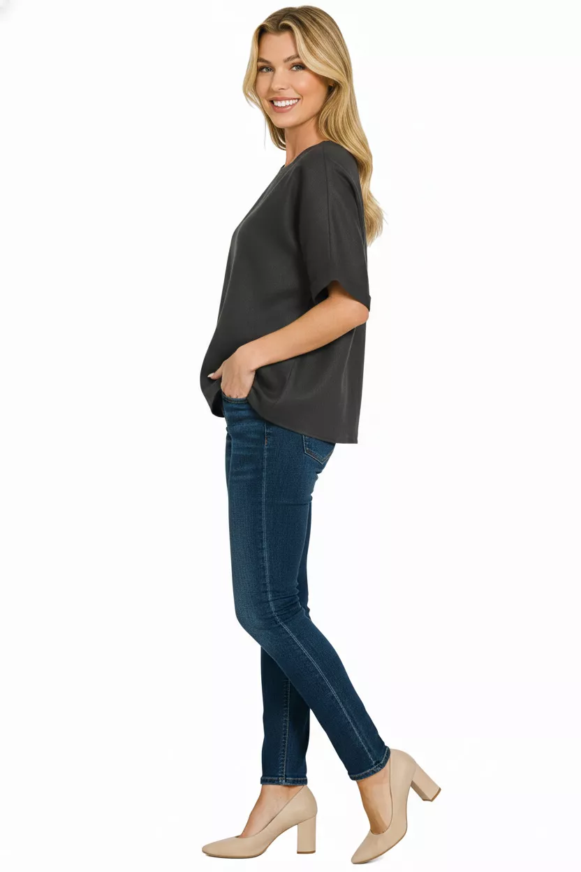Linen Round Neck Cuffed Sleeve Top, image 2