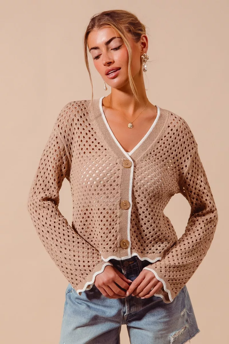 Open Knit Light Weight Sweater Cardigan With Contrast Wavy Scallop Edge
