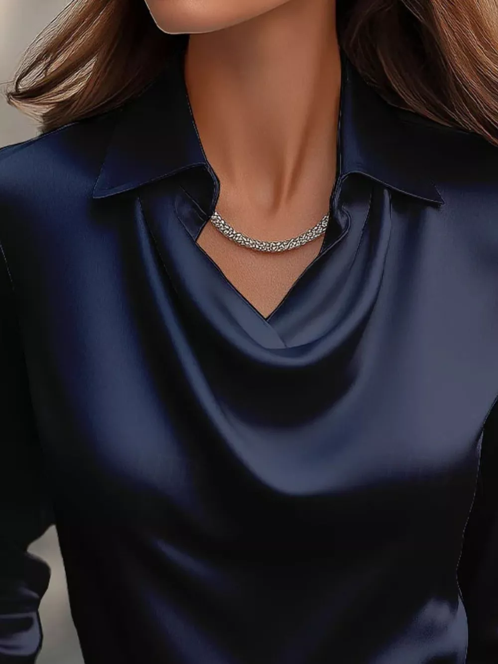 Ruched Long Sleeve Drape Collar Blouse, image 11