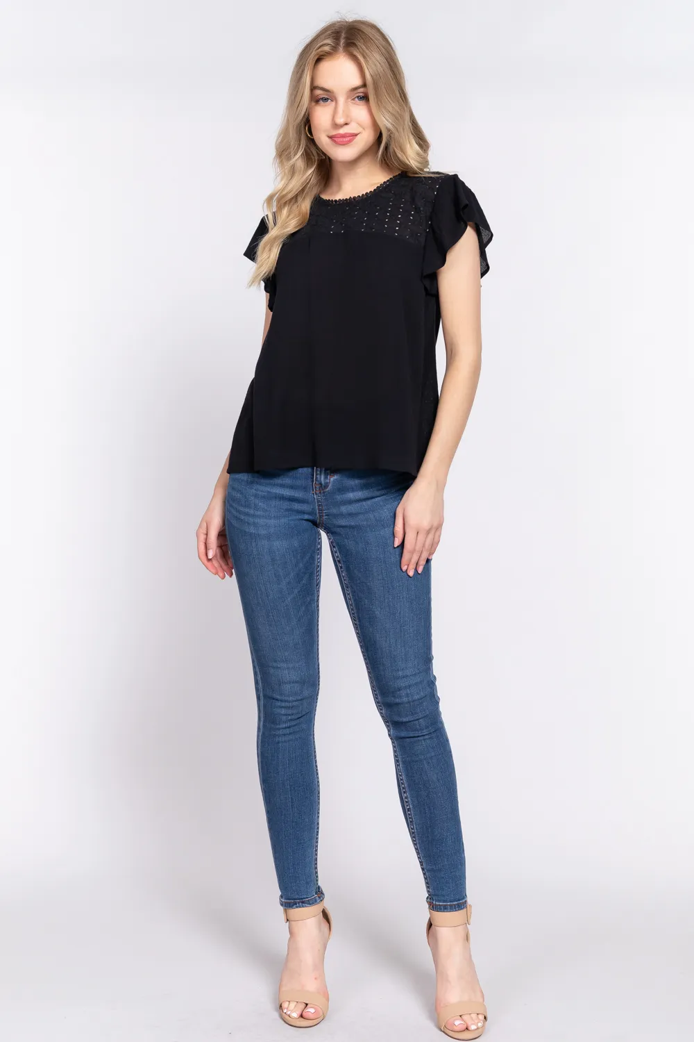 Ruffle Short Sleeve Crochet Blouse, image 4