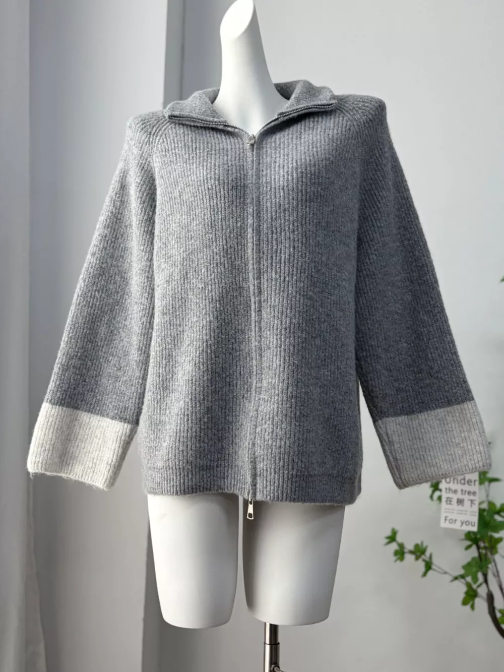 Zip-Up Contrast Cuff Cardigan and Pants Sweater Set, image 15