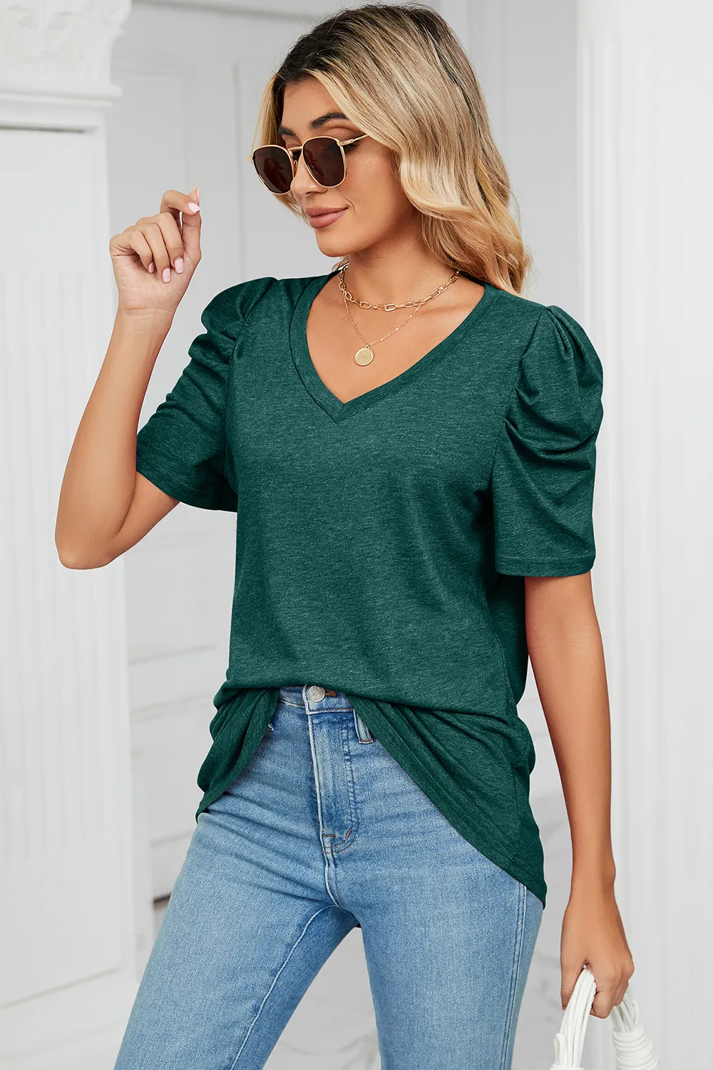 Heathered V-Neck Puff Sleeve T-Shirt, image 23