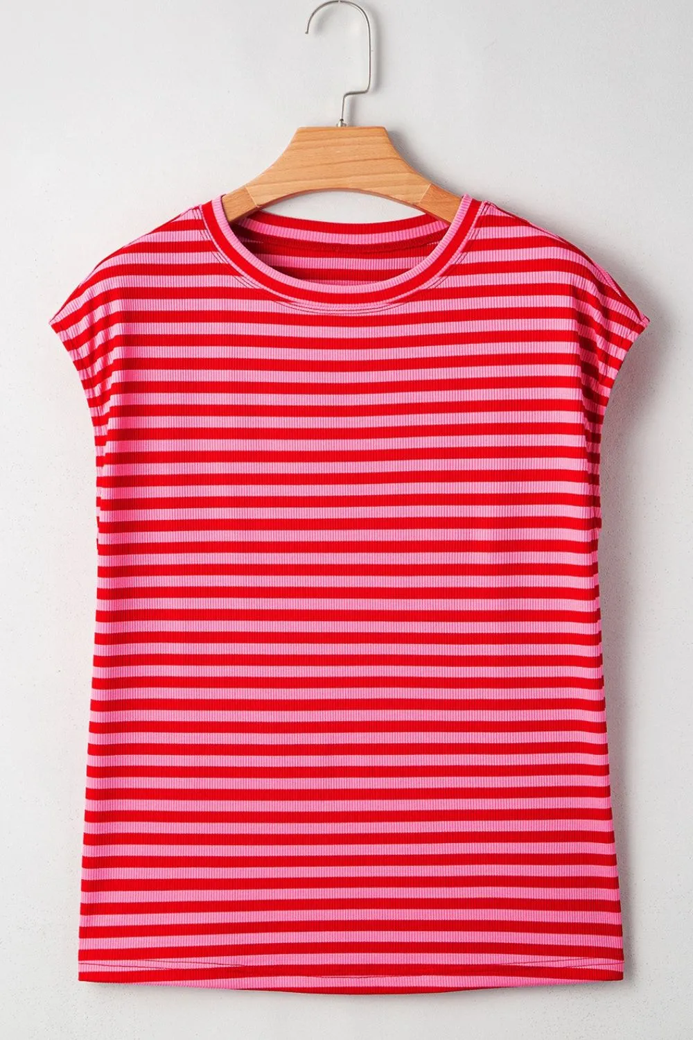 Stripe Ribbed Cap Sleeve Round Neck T Shirt, image 7