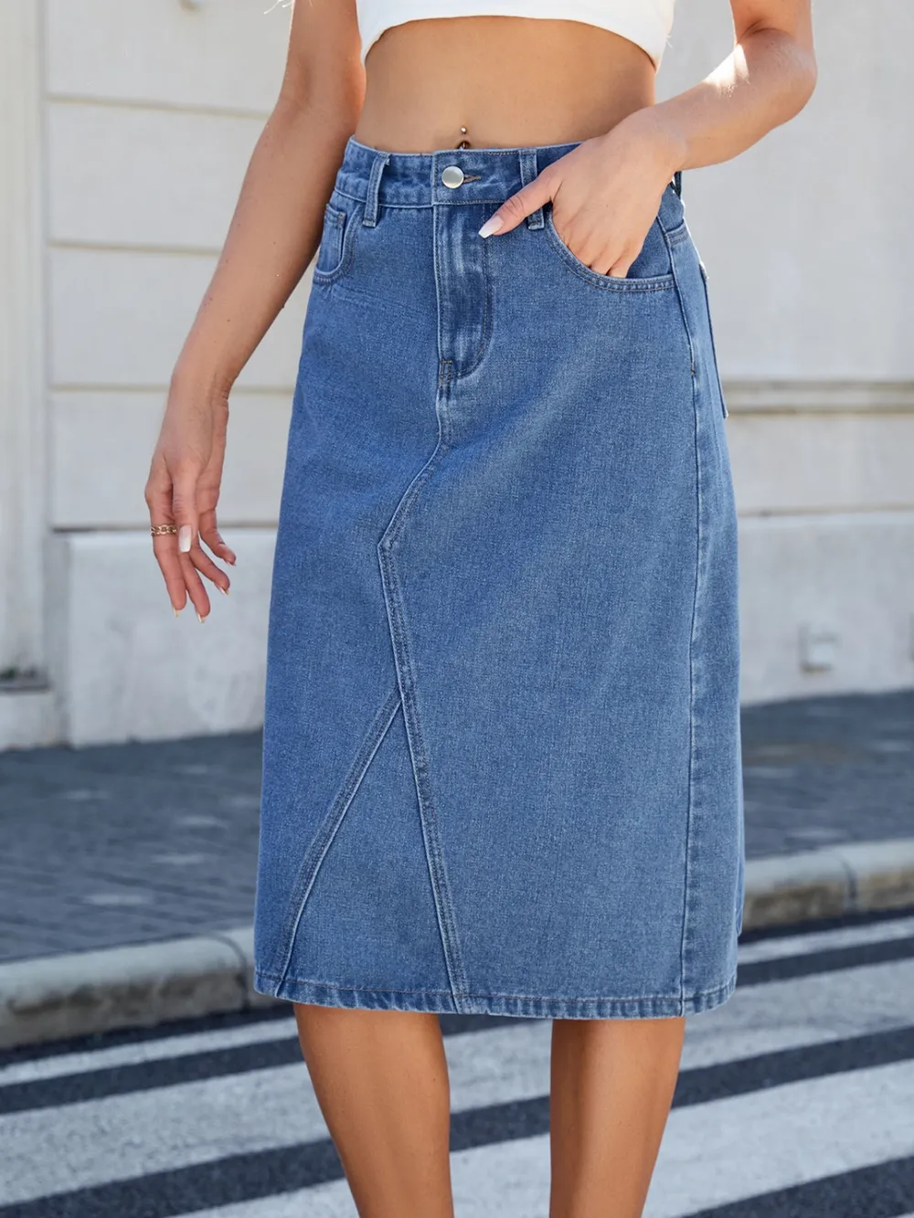 Slit Back Midi Denim Skirt, image 8