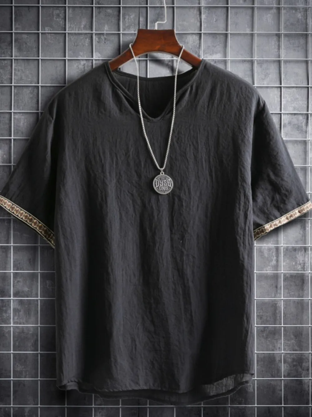 Men's Plus Size Texture Short Sleeve Top with Ethnic Trim