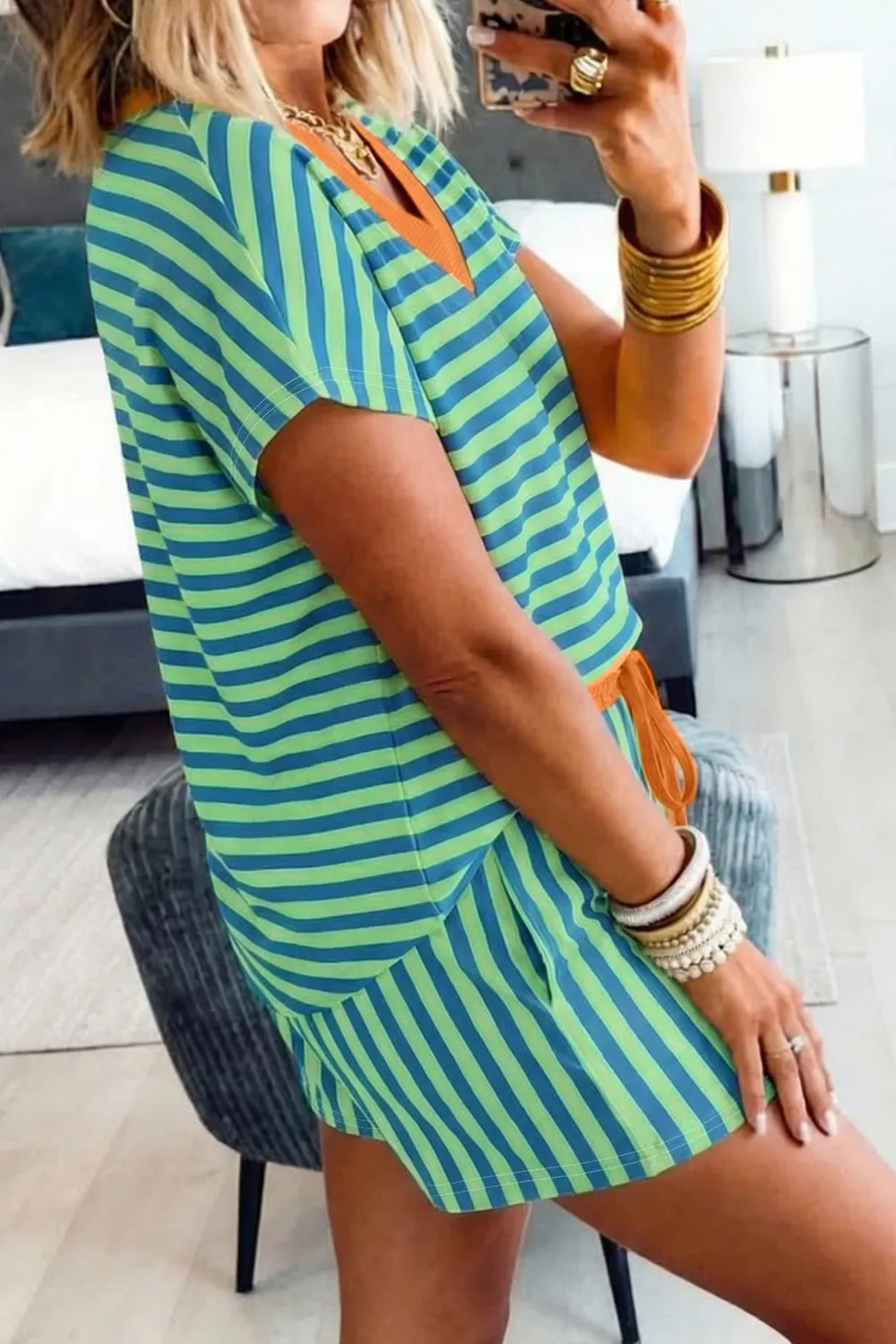 Stripe Colorblock Trim V Neck Tee Drawstring Elastic Waist Short Set, image 4