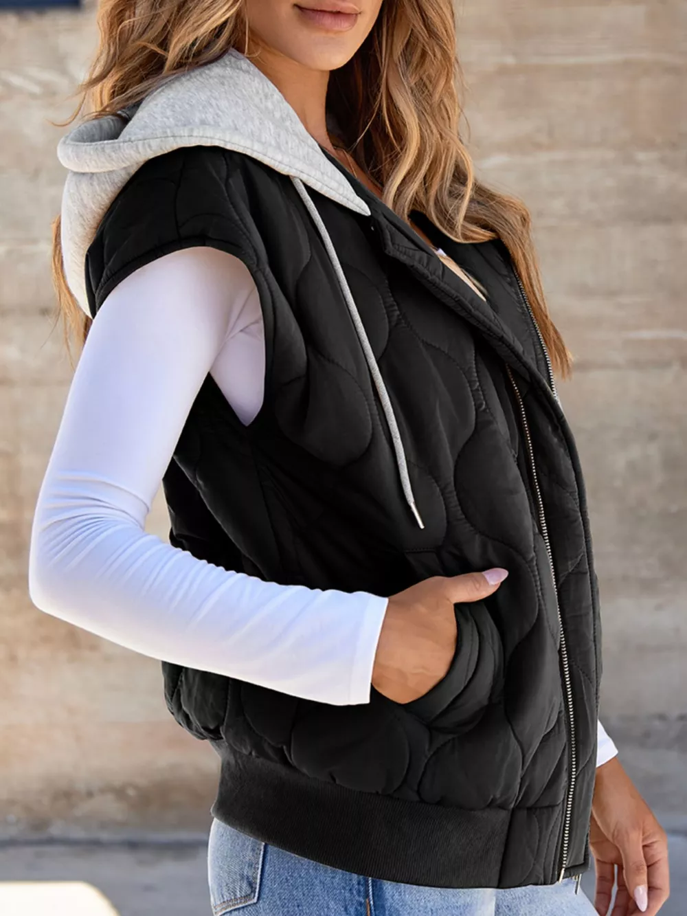 Quilted Drawstring Hooded Zip Up Puffer Vest, image 4