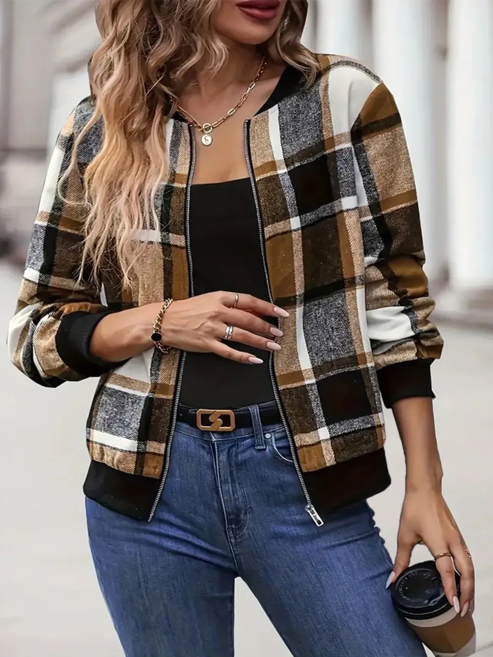Plus Size Plaid Baseball Collar Zip Up Jacket, image 11