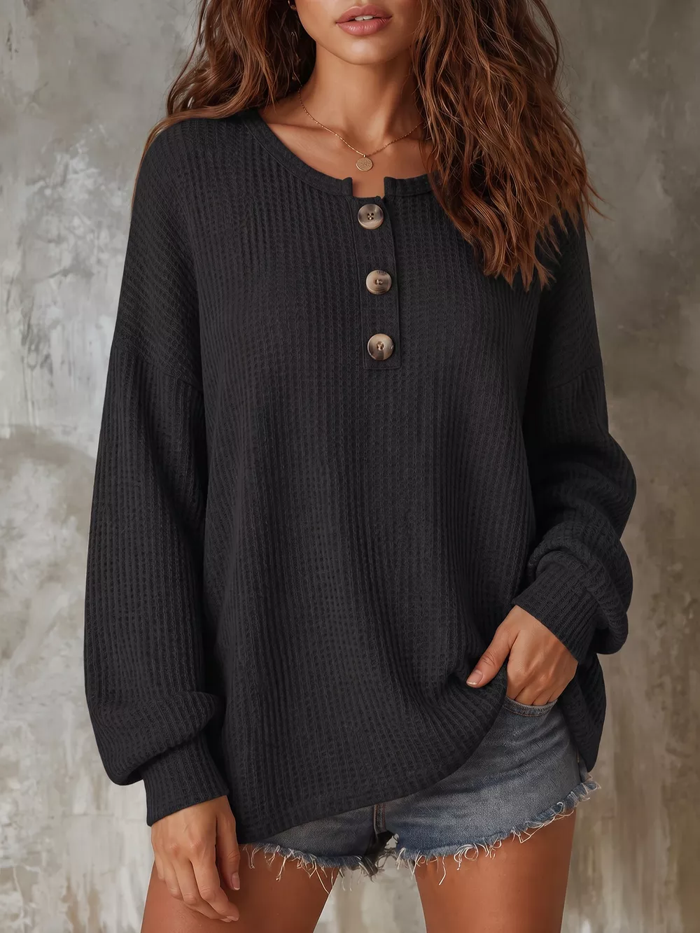 Button Detail Dropped Shoulder Knit Top, image 7