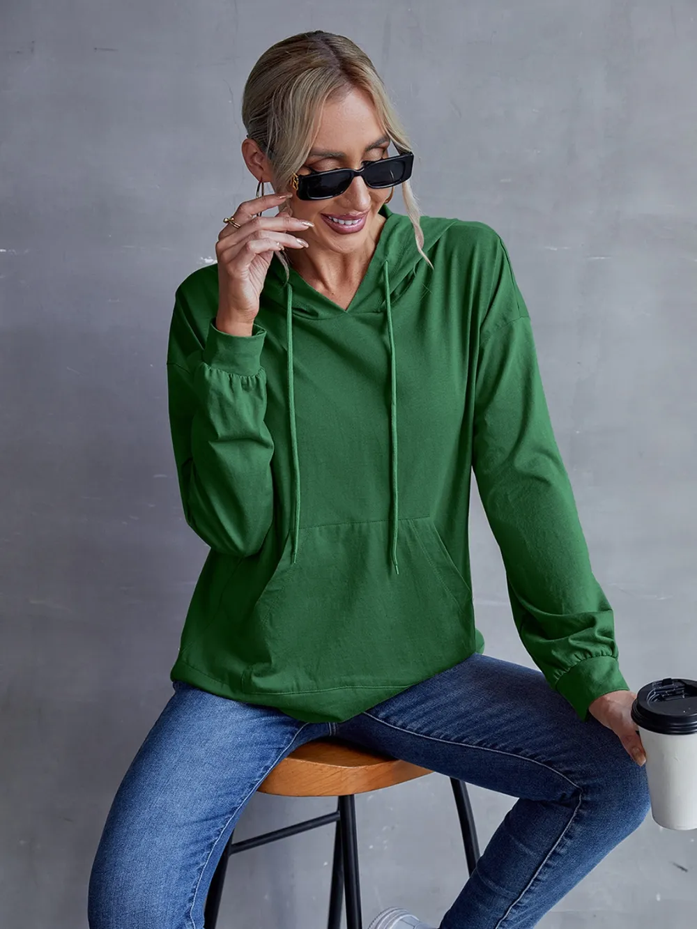 Drawstring Pocketed Dropped Shoulder Hoodie, image 14
