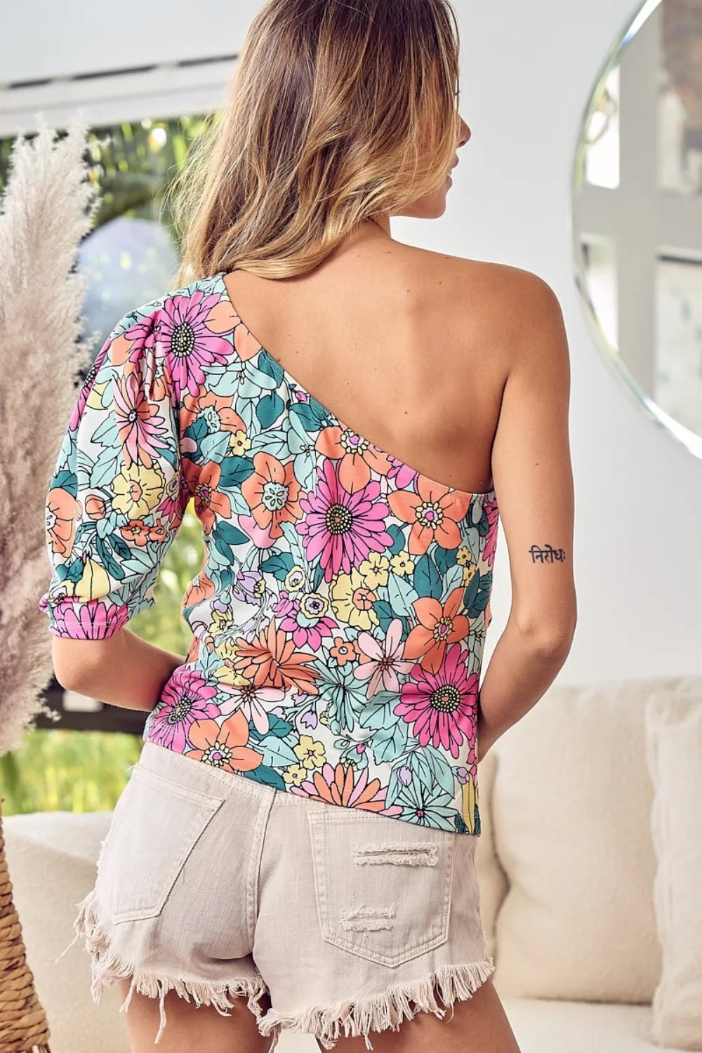 Floral Puff Sleeve One Shoulder Top, image 5