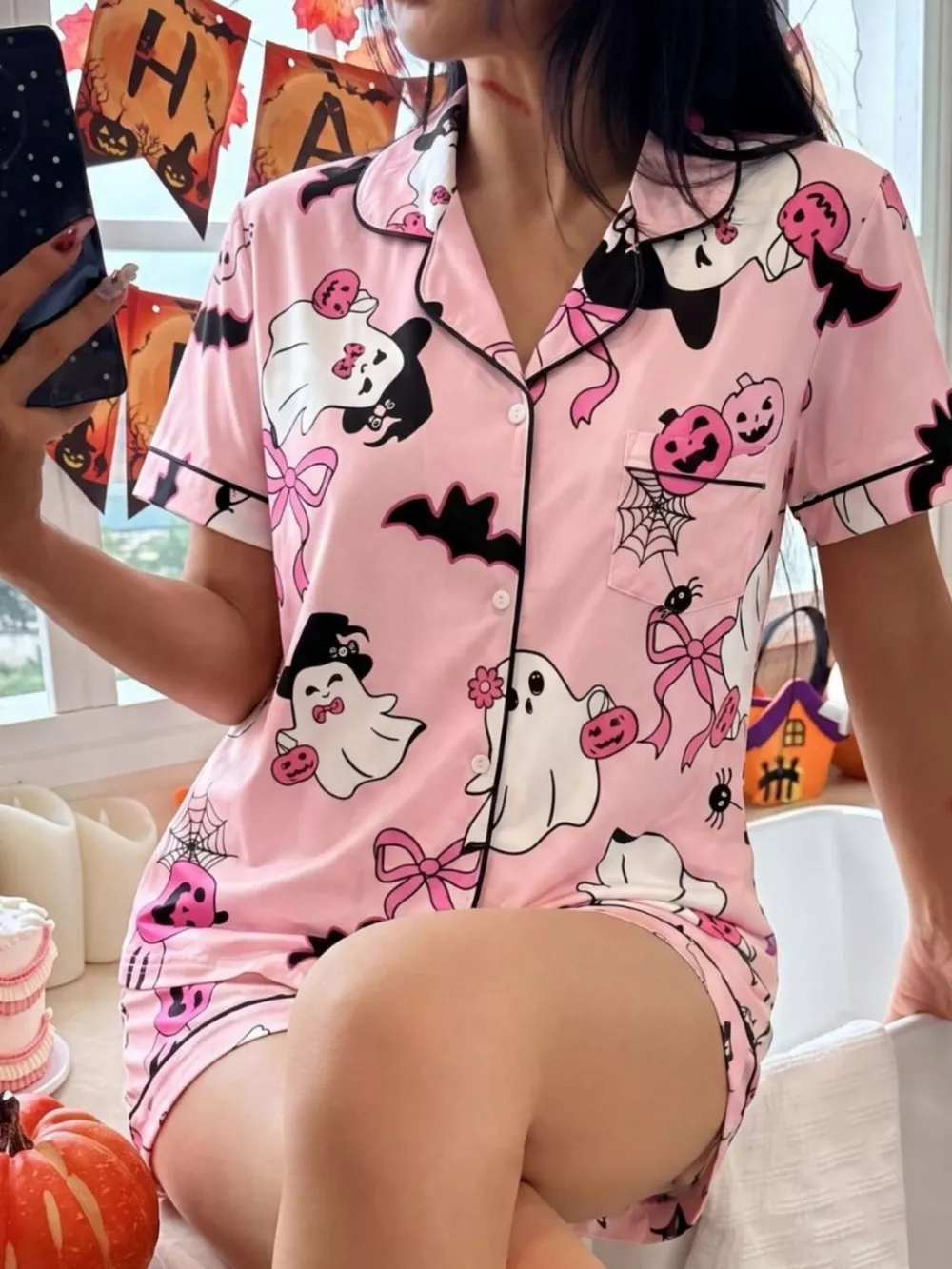 Halloween Ghost Print Button-Down Top and Shorts Lounge Set, image 7