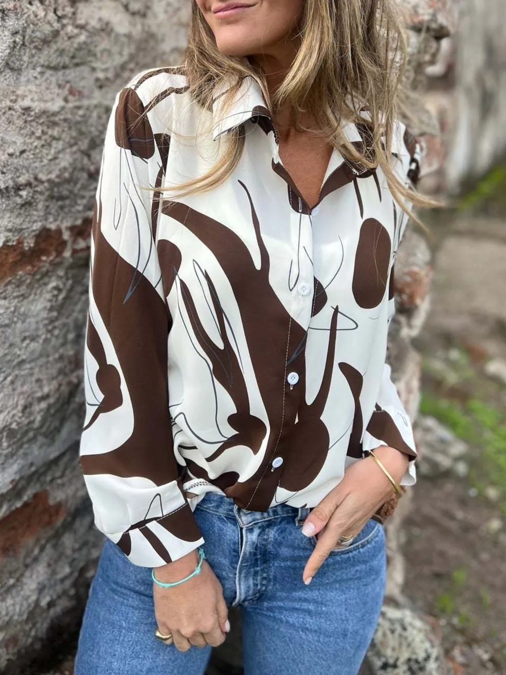 Full Size Abstract Print Long Sleeve Button-Up Shirt Plus Size, image 4