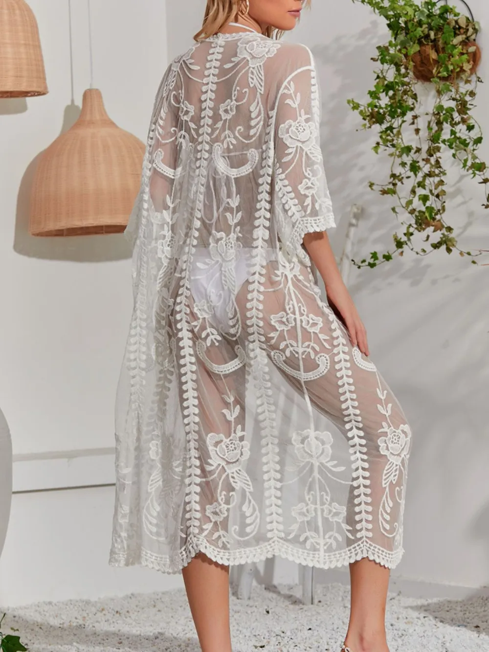 Lace Detail Open Front Longline Cover-Up, image 4