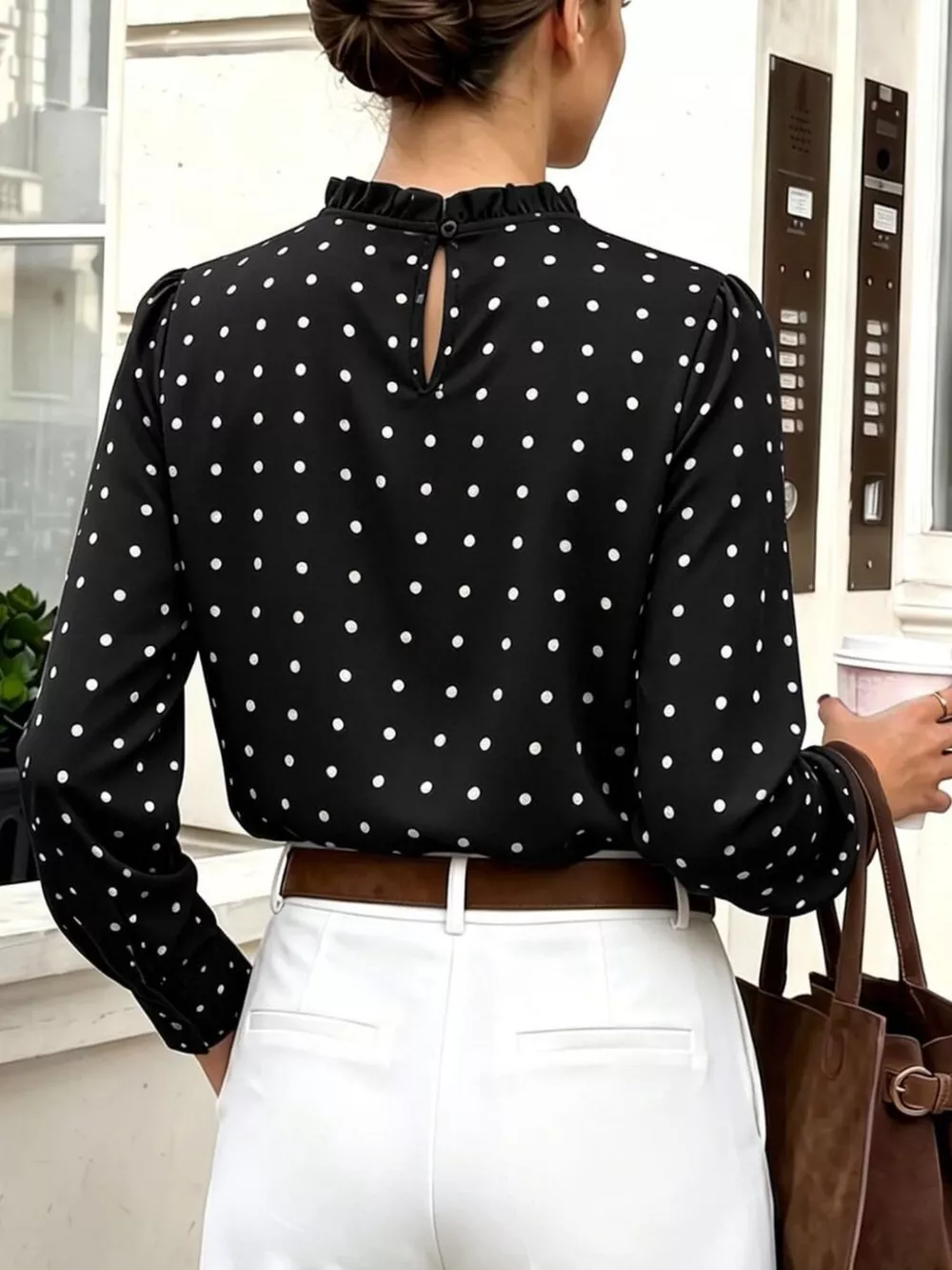 Elegant Polka Dot Print Mock Neck Long Sleeve Blouse, image 7