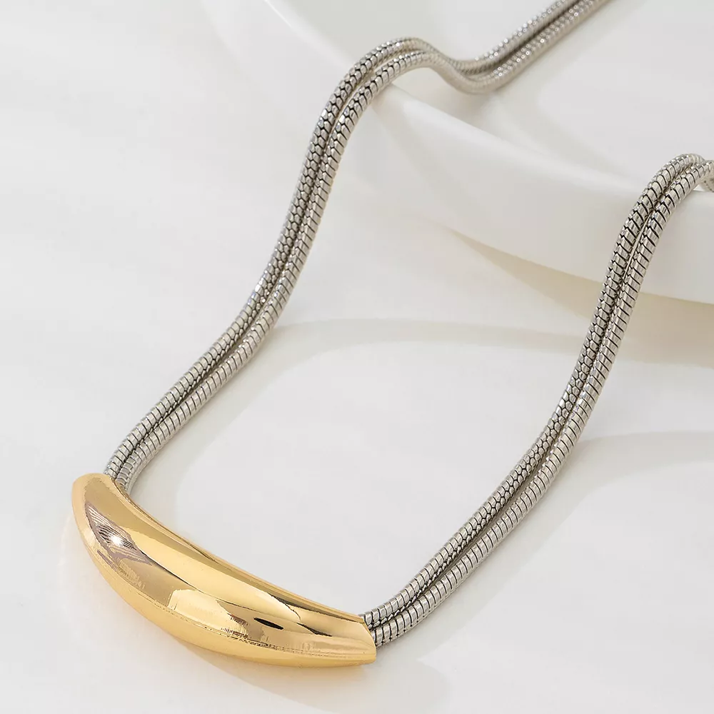 Two-Tone Alloy Curved Pendant Snake Chain Necklace, image 2